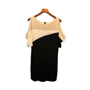 Dressbarn Women Size 6 Black Tan Colorblock Cold Shoulder Shift Dress 115261L